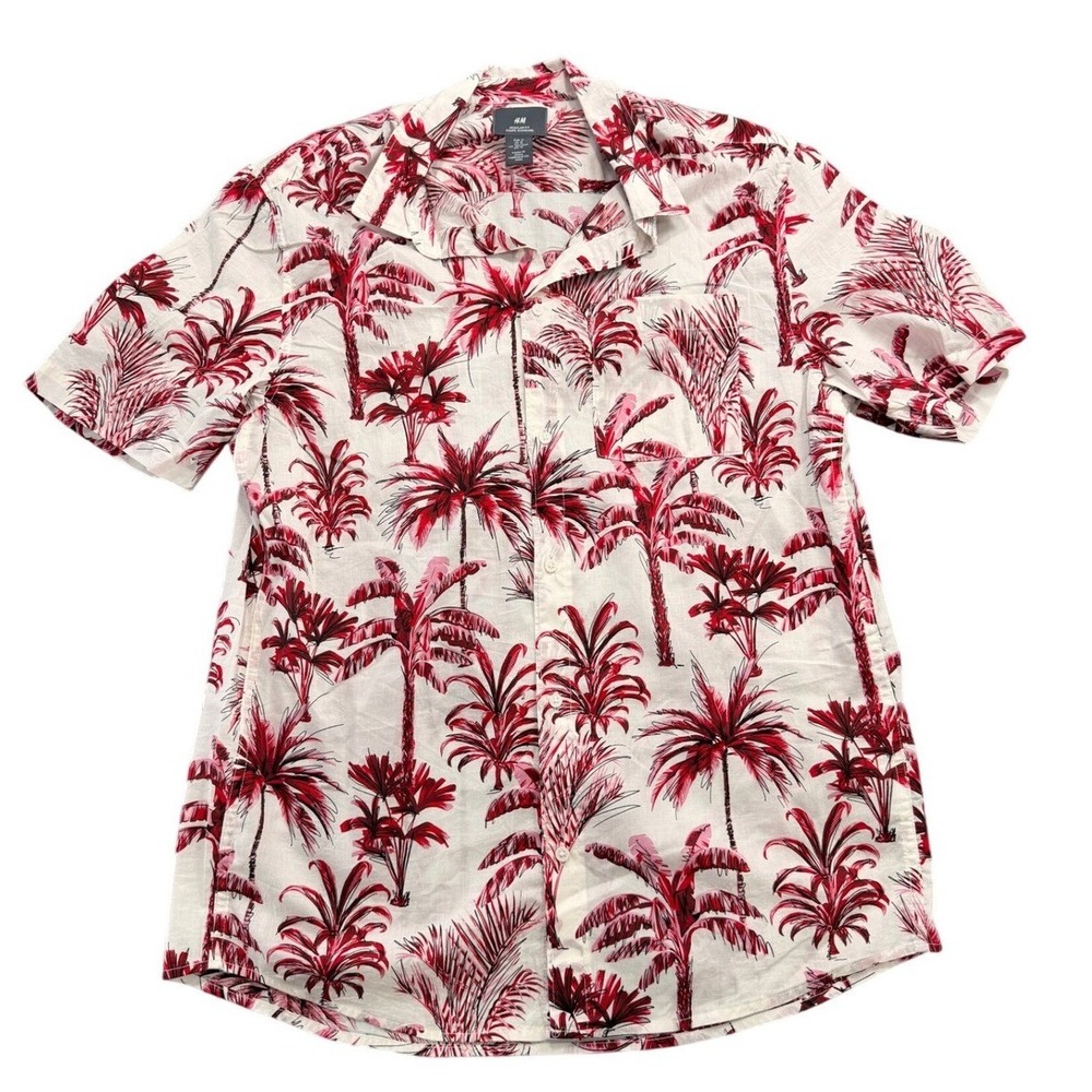 HM Mens Regular Fit Short Sleeve Linen Blend Red Palm Tree Tropical Shirt Medium
